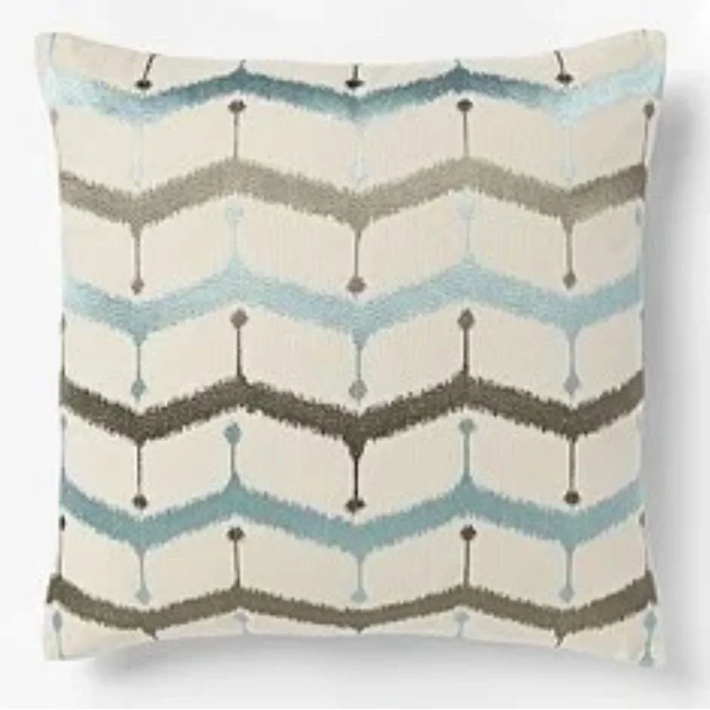 West Elm Blue Cotton Chevron Blue Tan Buttoned Embroidered 20x20 Pillow …